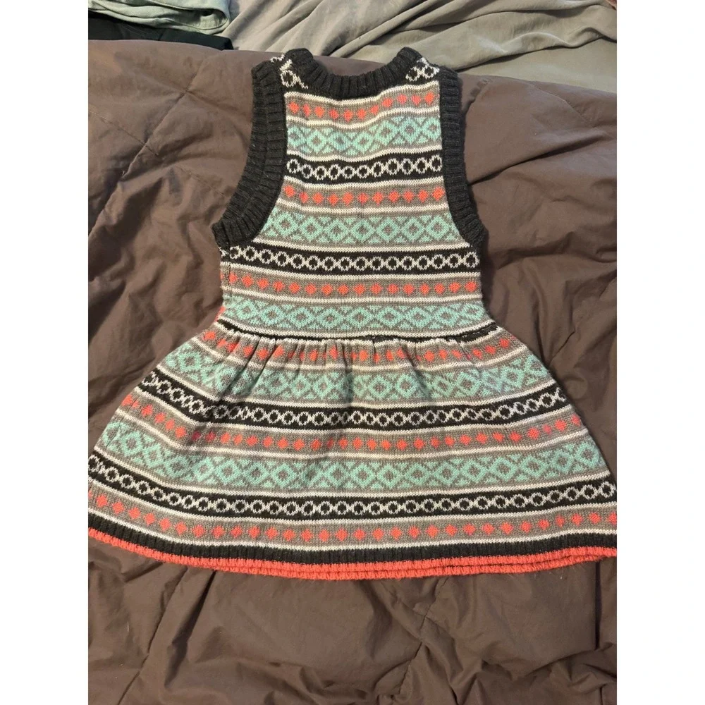 Little Lass Girls Fair Isle Sweater Dress Grey Teal Coral Sequin Belt Size 6
